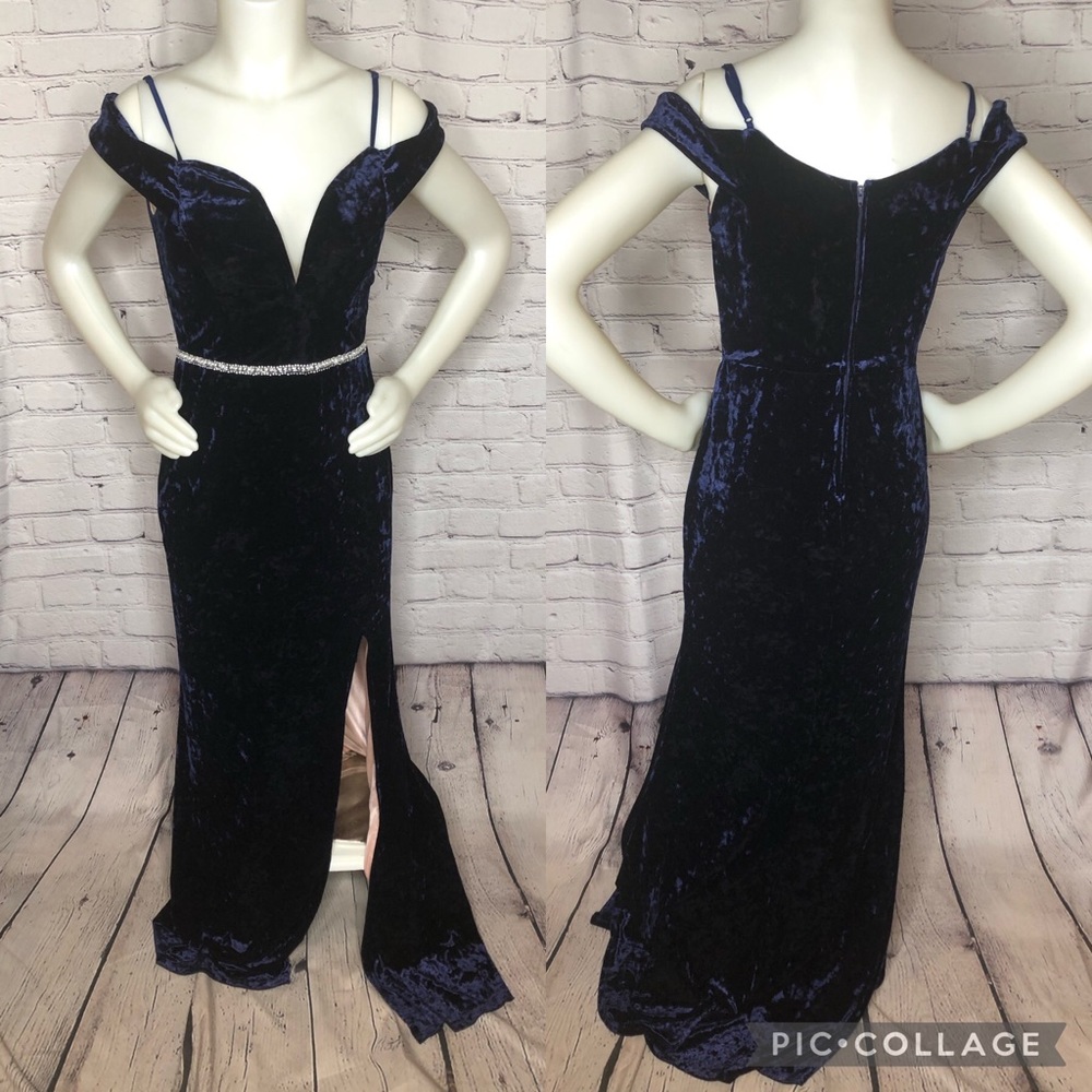 Jodi Kristopher blue velvet off shoulder long formal gown